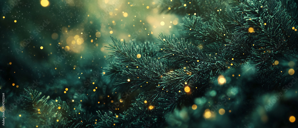 Poster Close-up image of green pine branches with a blurry background of golden bokeh lights.
