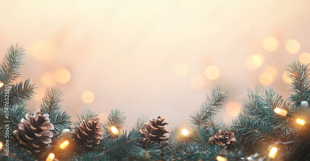 Poster Pine branches with pine cones and string lights create a festive winter scene
