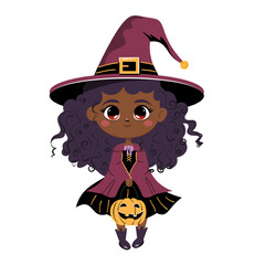 Cute black African American Halloween witch girl holding pumpkin. Kawaii vector illustration. Kid wearing Halloween costume