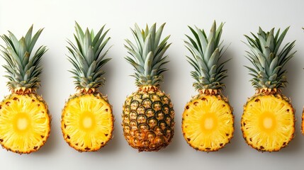 Fototapeta premium Group of pineapples with slices and peels, isolated on a pure white background, capturing their fruity and exotic nature