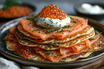 A platter of blini, thin Russian pancakes, served with smoked salmon, sour cream, and caviar.