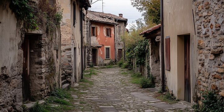 Narrow cobblestone street flanked by old rustic buildings in a quiet ancient European village setting.