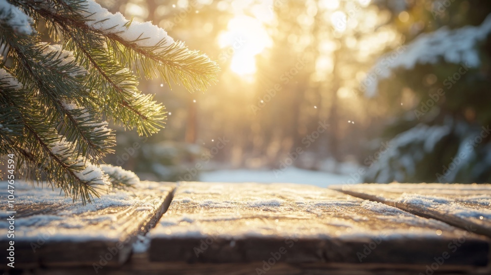 Aufkleber A close-up of a pine branch with snow on it, hanging over a wooden table. The background is blurry, showing a winter forest. The sun is shining through the trees, casting a warm glow on the scene.