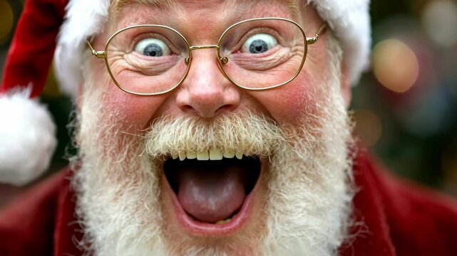 Santa Claus smiles wide, showing off his bright white teeth and a mischievous glint in his eye