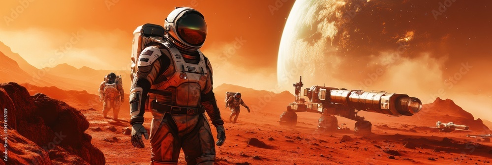 Poster Several astronauts navigate the Martian landscape, examining the terrain and operating a rover beneath an impressive celestial view. Generative AI