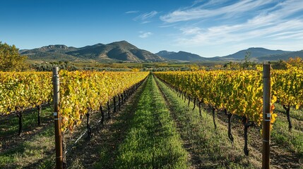 A peaceful view of a vineyard at harvest time, with rows of grapevines stretching out towards distant hills.