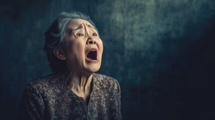 Fototapeta premium Elderly asian woman expressing shock and fear of unexpected event in dramatic portrait on dark background, banner with copy space. intense emotions, psychological reaction