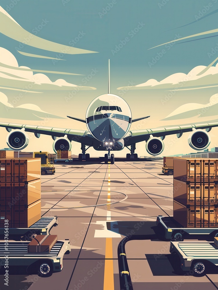 Poster a large cargo airplane is positioned on the runway, while loading equipment is actively preparing to