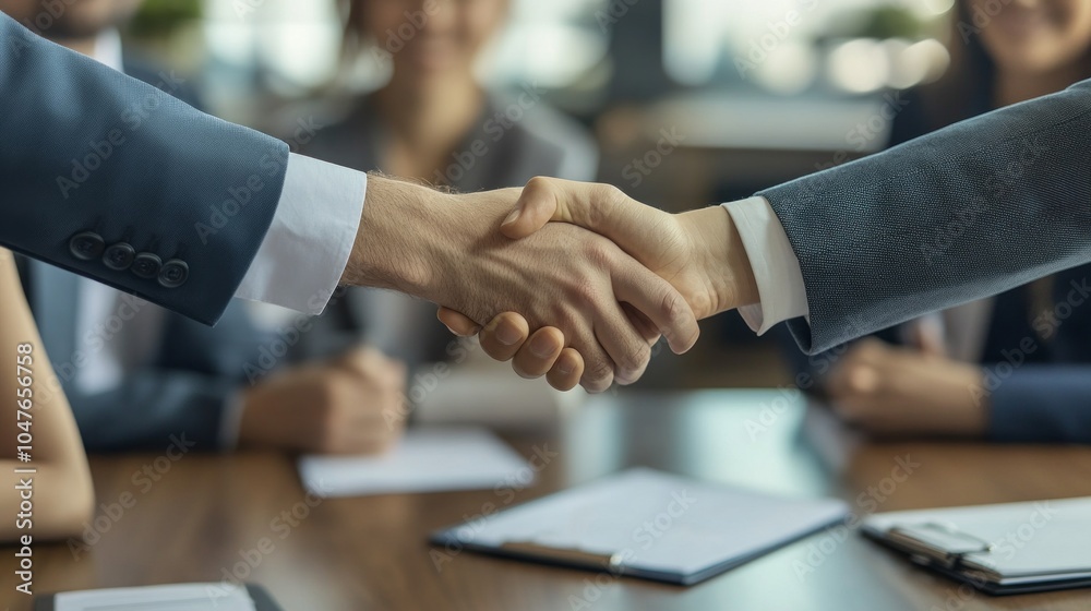 Poster two people shaking hands in front of a table with papers on it