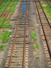 Obraz premium Rails with sleepers. Many tracks. Railway tracks. Railway crossing.