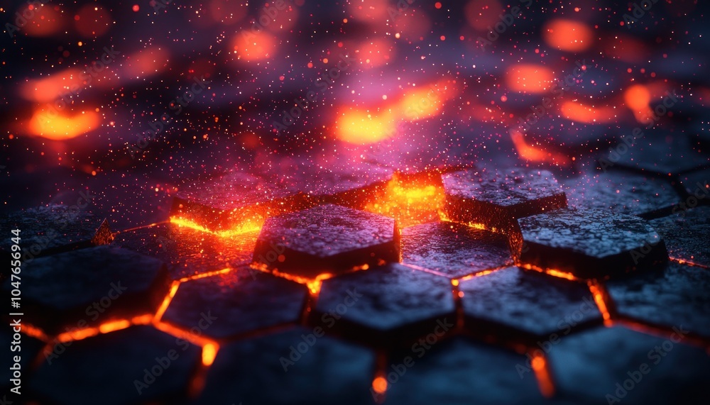 Poster Glowing Hexagonal Pattern with Sparks and Bokeh