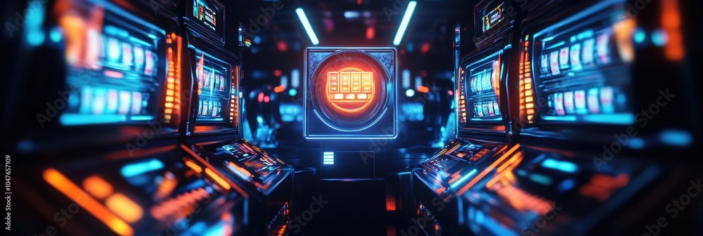 Poster a row of vibrant slot machines showcases spinning reels and glowing jackpot symbols, creating an eng