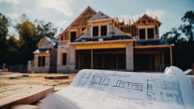 Blueprints and house under construction showcase real estate planning and development progress