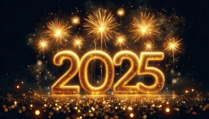 A black and gold 2025 Happy New Year text with sparkling stars on a green background Happy new Year 2025, Banner template for 2025 header websites, 2025 celebration template created with generative 