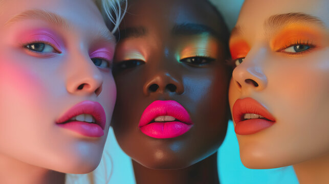 three diverse female models in colorful lighting, portraying a modern and artistic expression of beauty and diversity