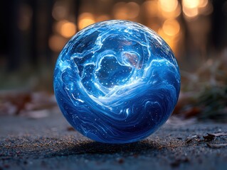 A Blue Glass Sphere with Swirling Patterns Rests on Gravel