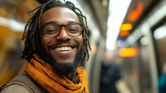 A man with dreadlocks and glasses is smiling at the camera. He is wearing an orange scarf and a backpack