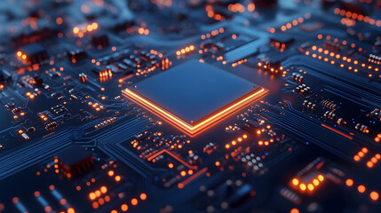 Futuristic Design of a Glowing Circuit Board Featuring Advanced Microchip Technology