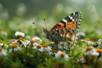 Obraz premium A realistic tattoo of a butterfly landing on a flower on the shoulder.