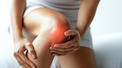Close up of woman holding her knee in pain with inflammation highlighted. Joint pain, sports injuries