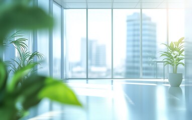 Beautiful blurred out of focus background of a light modern office interior with panoramic windows...