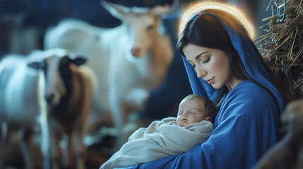 Virgin Mary in blue holding sleeping baby Jesus with barn with animals in the background. religious christian nativity scene with copy space