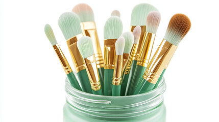 Fototapeta premium Artisan's Essentials: A Collection of Brushes in a Green Glass Jar