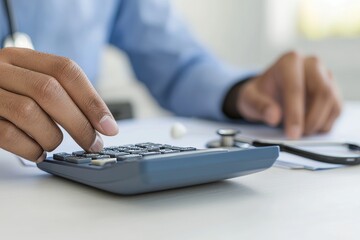 Fototapeta premium Using a calculator to calculate medical costs in a modern hospital is the concept of healthcare costs and fees