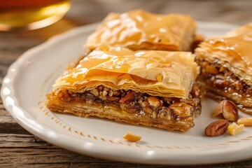 A serving of baklava, layers of filo pastry filled with chopped nuts and honey syrup, cut into diamond shapes
