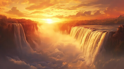 Fototapeta premium Water cascades powerfully over cliffs into a misty basin, bathed in the warm hues of a breathtaking sunset, evoking tranquility and awe. Misty Waterfall Basin. Illustration
