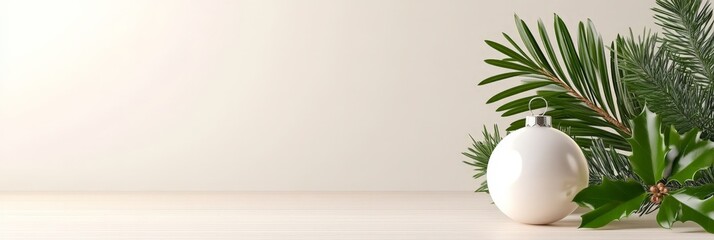 Fototapeta premium A minimalist Christmas setting featuring a white ornament with green foliage on a light, neutral background.