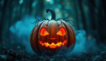 Fototapeta premium Spooky halloween pumpkin in enchanted forest
