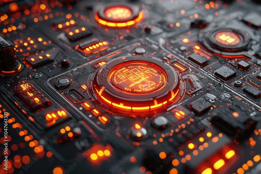 Poster Illuminated Futuristic Control Panel with Glowing Buttons