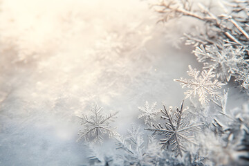 Detailed view of delicate snowflakes resting on a frozen surface, capturing the beauty of winter.
