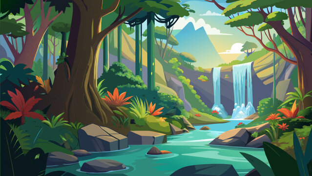 A vibrant tropical jungle landscape features a cascading waterfall and flowing river surrounded by lush greenery at sunrise