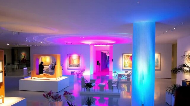 Interior de casa na cor branca com luzes em neon.