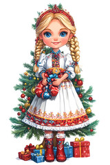 A cheerful doll dressed in a traditional Russian costume, surrounded by Christmas decorations and gifts.