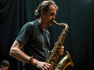 Focused Male Saxophonist in Black -Shirt Delivering an Expressive Performance Under Dramatic Soft Lighting Against Dark Textured Backdrop, Capturing the Essence of Jazz Music and Passionate