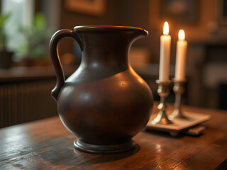 Rustic Pottery Pitcher on Wooden Table: Warm Earthy Tones, Textured Surface, Cozy Ambiance with Soft Ambient Lighting - Perfect for Home Decor, Still Life and Warmth-Inspired Aesthetic