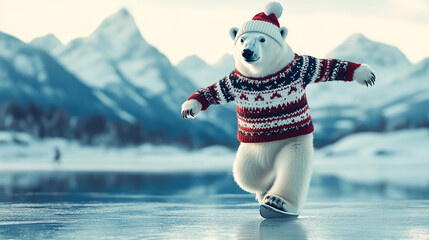 A polar bear wearing a red and white sweater ice skates on a frozen lake in front of snowy mountains
