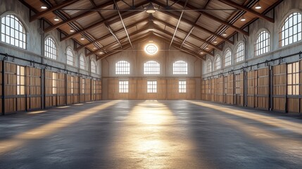 An empty industrial warehouse with large windows and wooden doors. Sunlight streams through the windows, creating beams of light on the concrete floor.