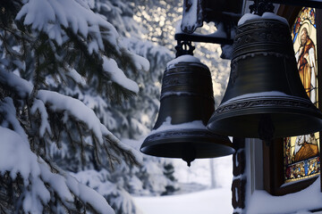 Snow-Covered Church Bells with Orthodox Icon