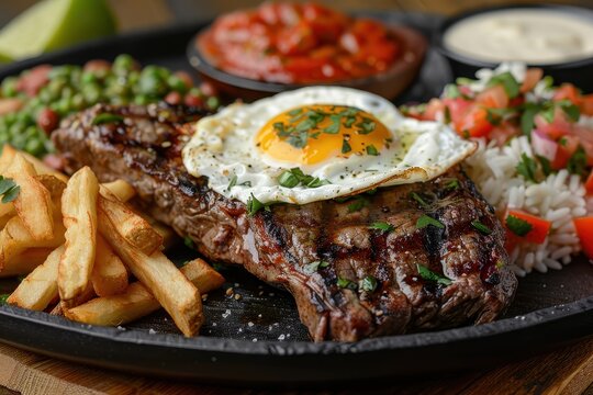 A serving of bife a cavalo, a grilled steak topped with a fried egg, served with rice, beans, and French fries. 