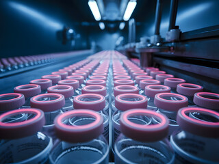 Obraz premium Viales médicos con tapas de neón rosa, en la línea de producción de la fábrica farmacéutica 