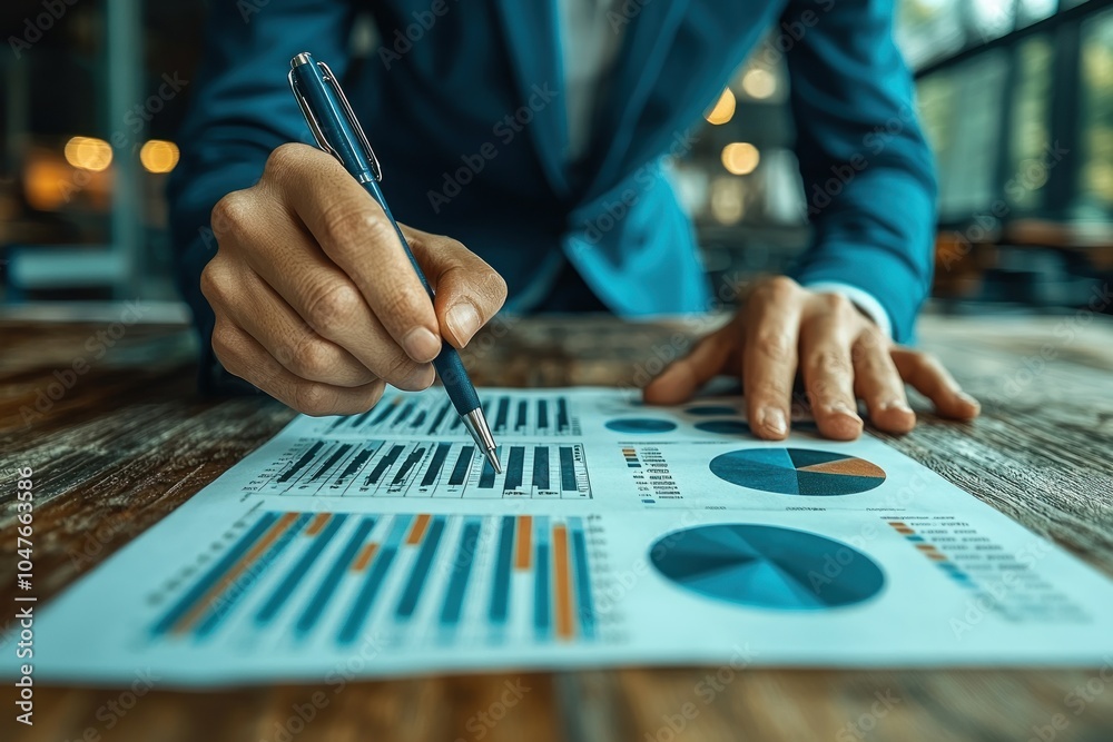 Poster a person's hand pointing at a financial document with charts and graphs
