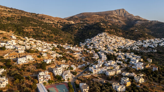 Aerial view of the village of Filoti and Mount Zas (Zeus) at sunset on the Island of Naxos, Cyclades, Greece