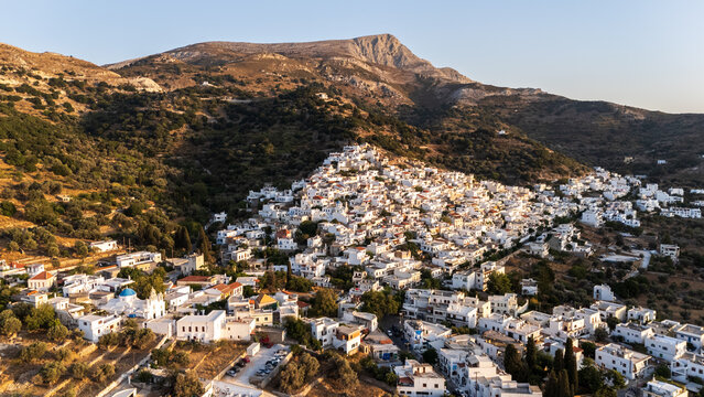 Aerial view of the village of Filoti and Mount Zas (Zeus) at sunset on the Island of Naxos, Cyclades, Greece
