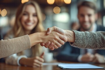 Two People Shaking Hands in a Cafe