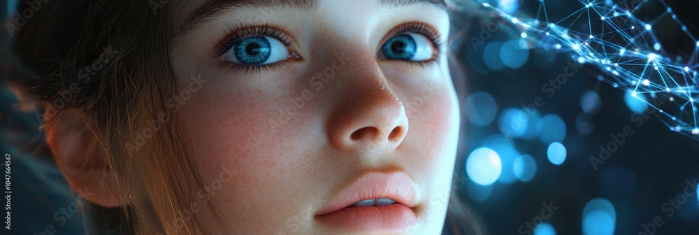 Poster a beautiful young woman's face appears with vivid 3d network links and flowing data, creating a capt