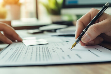 Hand signing document with pen in office setting